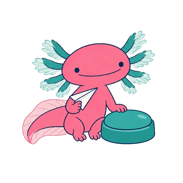 The axolotl waiting beside a big teal button